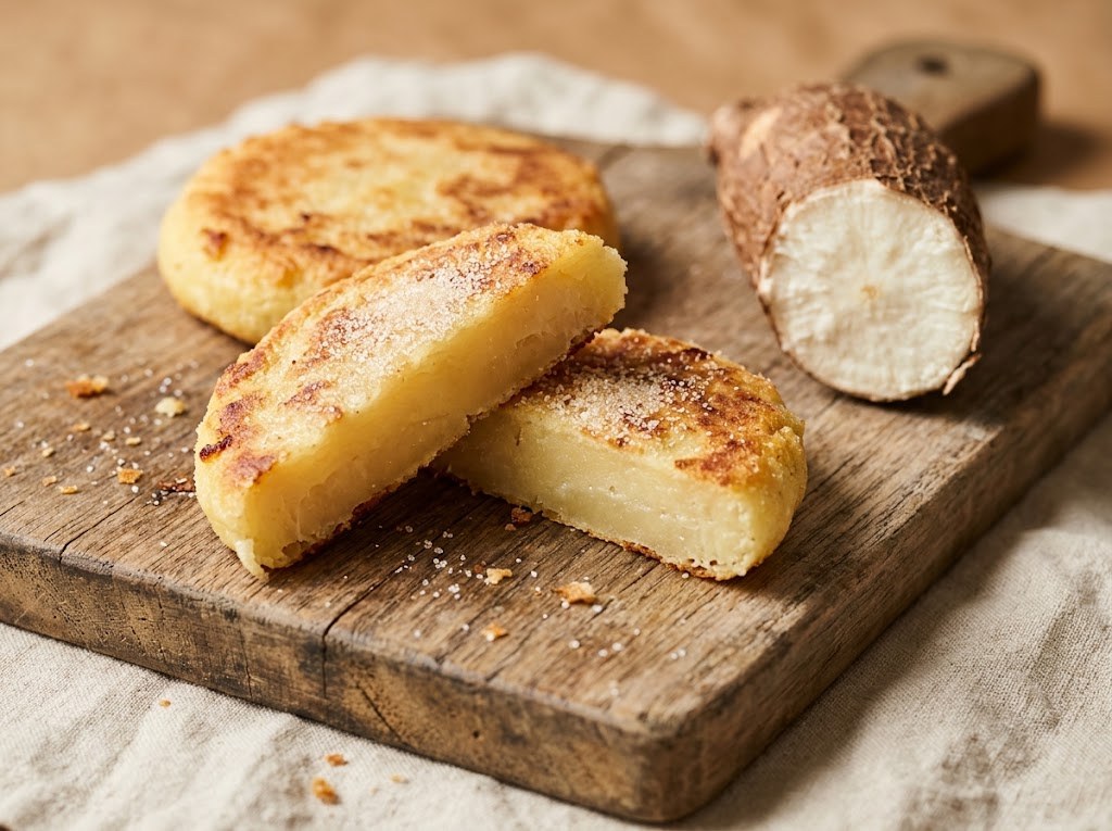 Cassava arepas with fresh cassava root