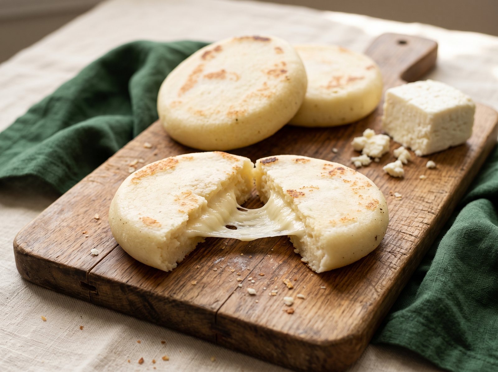 Cheese arepa split open with melted cheese