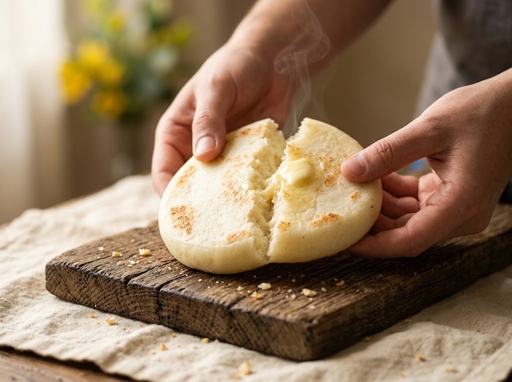 Freshly toasted CASERITAS corn arepa torn open