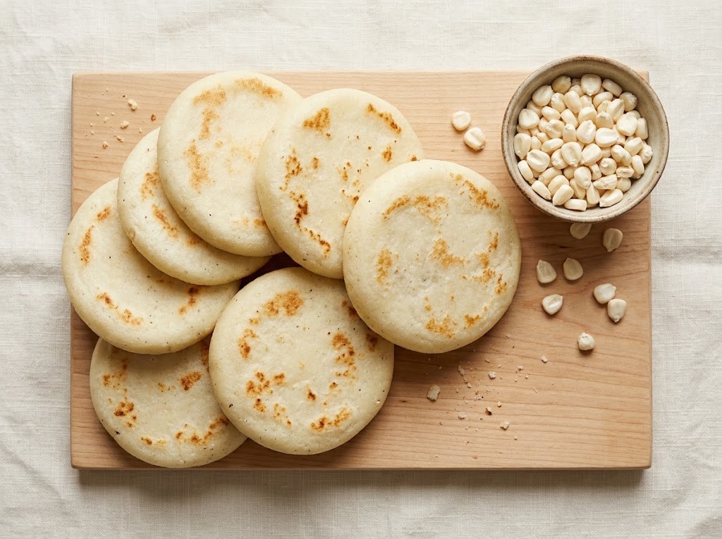 White corn arepas on a wooden board